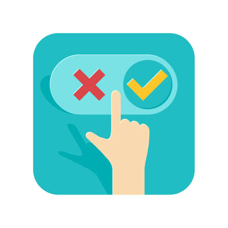 Making decision concept - right or wrong option choosing icon - hand and switcher with check (yes) and cross (no) marks - isolated vector elementのイラスト素材