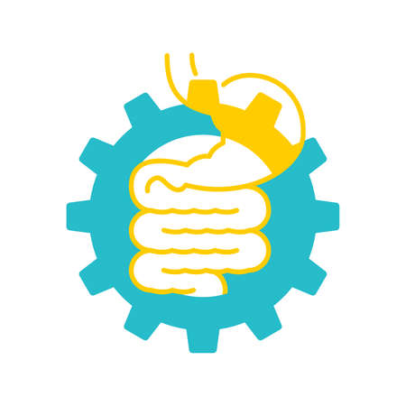 Digestive laxative system icon - human stomach associated with gear box mechanicm - for gastro medical drugs packaging - isolated vector emblemのイラスト素材