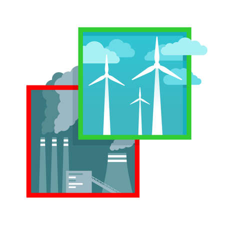 Environmental protection eco icons - wind turbines and blue cloudy sky with thermal power plant and dirty polluting smoke inside - technology comparsionのイラスト素材