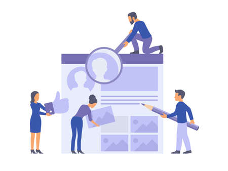 Social media management and promotion. Working team and social network interface - vector conceptのイラスト素材