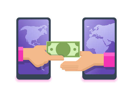 Money transfer icon - international financial transaction concept - two phones with world map and outstretched hands holds moneyのイラスト素材