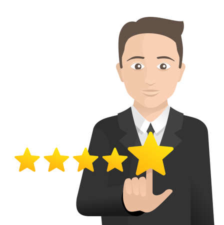 Person (human, businessman) assesses with positive five stars rating - vector illustration for good review, service, quality, result, maximum rankingのイラスト素材