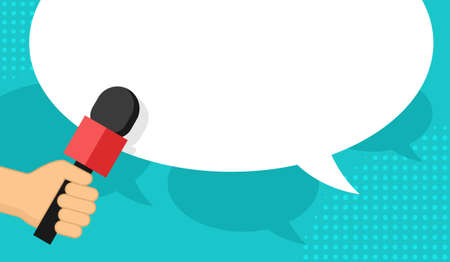 TV report or media interview - hand holding microphone and dialog box on bright background - vector template for breaking news headline, banner or posterのイラスト素材