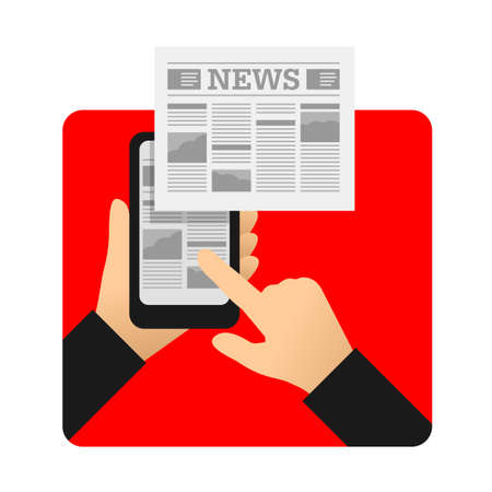 Mobile mass media online - conceptual illustration with smart phone in hands and newspaper in paper and digital variations - vector iconのイラスト素材