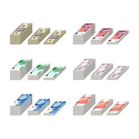 Isometric money - vector set of major world currencies - US dollar, British pound, Euro, Japanese yen, Swiss franc and Rusiian Ruble.のイラスト素材