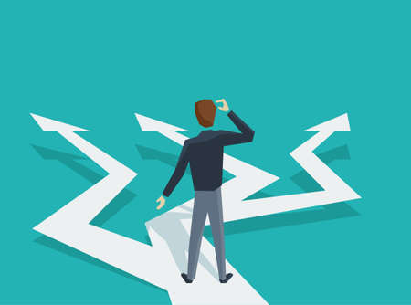 Man in low poly style at crossroads before important choice (correct decision choosing) - vector illustration for business concept or political votingのイラスト素材