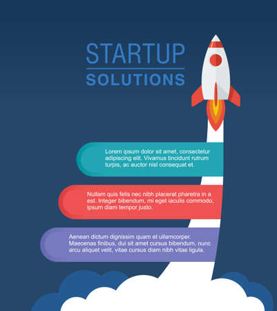 Startup infographic concept with three step by step solutions and space rocket launch - vector templateのイラスト素材