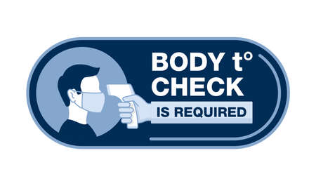 Body temperature check is required sign - temperature meter in hand and human profile in face mask - attention warning stickerのイラスト素材