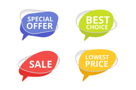Tags in dialog box form with sample text - special offer, best choice, sale and lowest price - for stickers, buttons, billets and other promoのイラスト素材