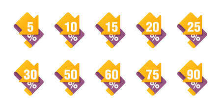 Vector tags for sales in rounded decoration in creative decoration with different percentage - 5, 10, 15, 20, 25, 30, 35, 40, 50, 60, 75 and 90のイラスト素材