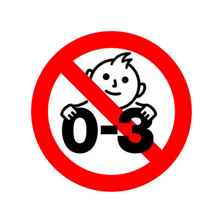 Not suitable for children under 3 years prohibition sign with crossed out baby face and 0-3 - isolated vector packaging informationのイラスト素材