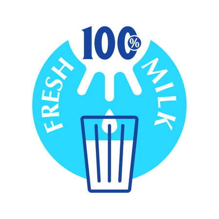 100 Fresh Milk emblem - hundred percent natural dairy products sticker for packaging - milk flowing from the udder into the glass - vector isolated drink iconのイラスト素材