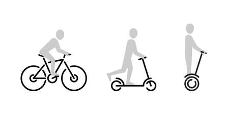 People silhouettes riding bicycle, kick scooter and gyro scooter - set of vector road signs for parks, areas, streetsのイラスト素材