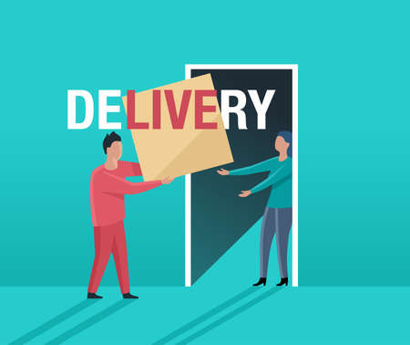 Home delivery concept - courier stands at the door and brings a parcel to happy woman - vector illustrationのイラスト素材