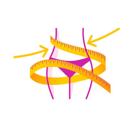 Weight loss icon  - fat woman body in dashed line and slim figure in main color with tape measure entwined around - conceptual vector illustrationのイラスト素材