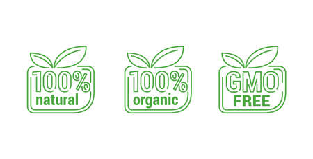 100 natural, 100 organic, GMO free - tag for healthy food, vegetarian nutrition in modern outline leaf shape - vector sticker setのイラスト素材