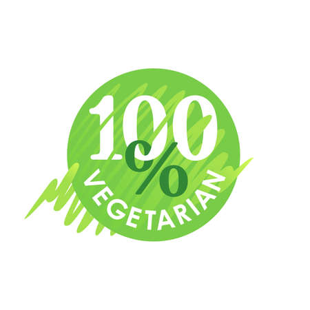 100 vegetarian stamp - green circle with hand-drawn strokes and hundred percents symbol - element for vegan menu or products packaging decorationのイラスト素材