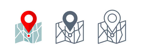 Location icon set in 3 variations - geo pin GPS pointer marker on flat mapのイラスト素材