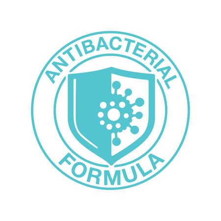 Antibacterial formula stamp - protection shield with crossed bacteries inside - vector isolated sign for antiseptic cosmetics and medical pharmaceutical productsのイラスト素材