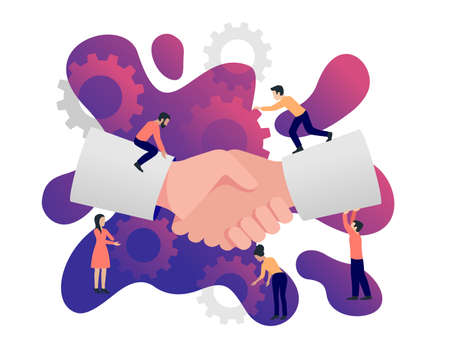 Handshake with small cartoon people on abstract background - vector conceptのイラスト素材