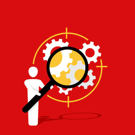 Company management, diagnostic and analytics concept icon - man holds magnifier and exploring gear box mechanism (symbol of business strategy)のイラスト素材