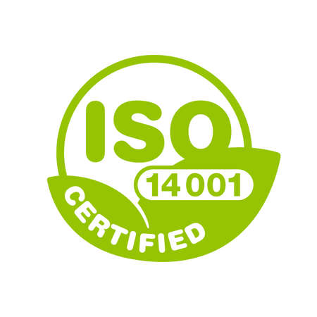 ISO 14001 certified stamp - environmental management system international standard approved sign - isolated vector icon in eco styleのイラスト素材