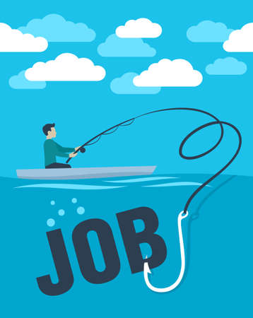 Work searches and staff recruitment concept - creative visualization of in association with fisherman catching Job word on a fishing hook - vector illustrationのイラスト素材
