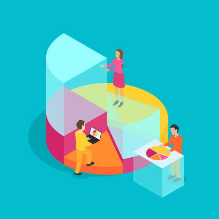 Group of people perform data analysis - isometric vector concept with diagram pie fragments and slices - vector illustrationのイラスト素材