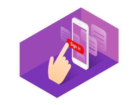Isometric vector picture sign in button on phone screen with hand touching this buttonのイラスト素材
