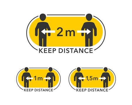 Keep distance sign - social distancing (2 m, 1.5 m, 1 m) - two people with dimension arrow between themのイラスト素材