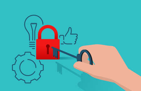 Lock opening solution concept - hand with key heading to keyhole with outline lamp, thumbs up and gear aroundのイラスト素材