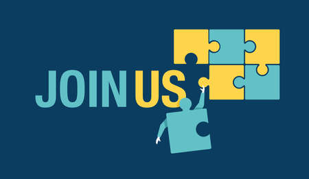Join Us or We are Hiring staff recruitment concept - people working team in puzzle metaphor - vector illustrationのイラスト素材