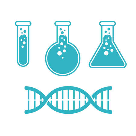 Lab equipment set - laboratory testing flask in 3 types and DNA chain spiral - isolated monochrome iconsのイラスト素材