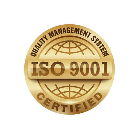ISO 9001 gold stamp - certification and conformity to international standards - golden medal award with international quality management system guarantee emblem - isolated vector iconのイラスト素材