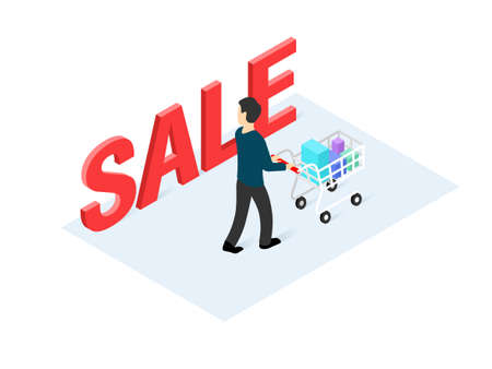 Vector picture man with shopping cart buys goods with discountのイラスト素材