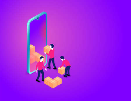Online delivery shipping concept - people carrying cardboard boxes into big smart phone - group of loaders with packaging - isometric vector illustrationのイラスト素材