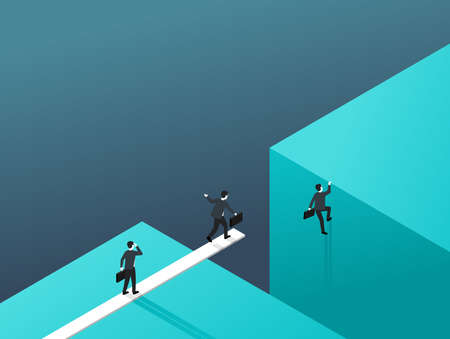 Business risk and professional strategy concept - working businessmen team jumpss over gap using a springboard - isometric conceptual illustration for banner or posterのイラスト素材
