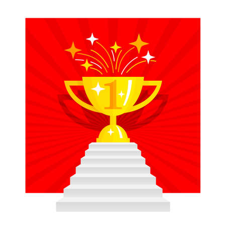 1st place award - champion cup standing on the stairs on red bright background - first place competition winner - vector flat icon illustrationのイラスト素材