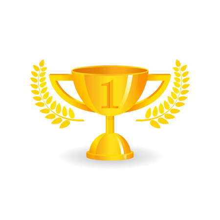First place golden cup award with laurel wreath - vector isolated icon or illustration for sports, awards, working competitionのイラスト素材