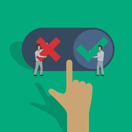 Correct decision choosing - polygonal cartoon people holds tick and cross signs (positive or negative choise) and big frozen hand - vector conceptのイラスト素材