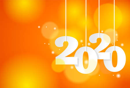 2020 Happy New Year background for banner or poster template - 2 and 0 hanging digits on bright blurry orange and yellow backdropのイラスト素材