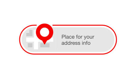 Address block template for website or banner - creative decorated frame with geo location pin (GPS marker) and place for address info - isolated vector web element with red rounded frameのイラスト素材