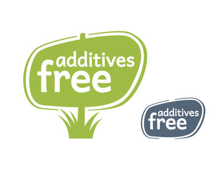 Additives free stamp in wooden signboard association - monochrome sticker (stamp) for healhty organic products designation - isolated iconのイラスト素材