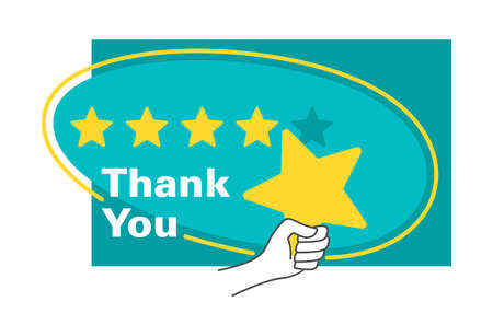 Thank You for five stars rated feedback - motivation banner - maximum saticfaction positive review illustration with yellow stars and human handのイラスト素材