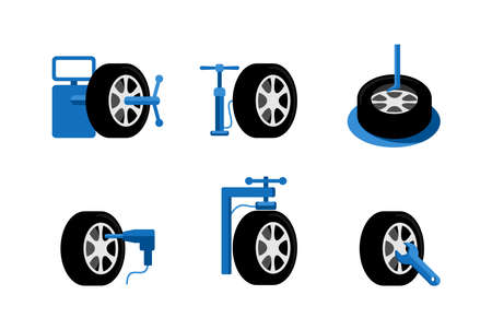 Tire fitting services and equipment - icons set for car fixing maintenance stationのイラスト素材