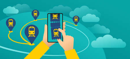 Train tickets online - smartphone with map and train station pins - perforated paper ticket and search of train routes - vector concept on beautiful backgroundのイラスト素材