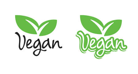 Vegan food products marking stamp with plant leaf and calligraphic lettering - isolated vector emblemのイラスト素材