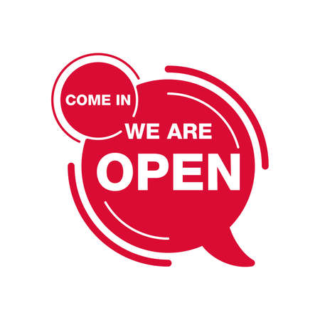 Come In We Are Open info sign for open shop, store or other service building - isolated vector door bannerのイラスト素材