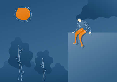 Depression concept - sad woman sitting on the edge of the cliff - psychological illustration in abstract styleのイラスト素材