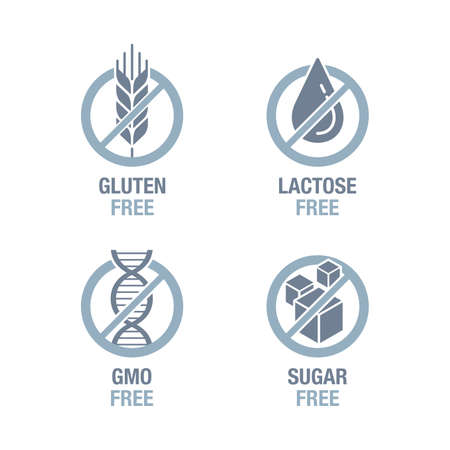 Sugar free, Gluten free, Lactose free, GMO free - set of vector attention tags - food cover decoration element for healthy natural organic nutritionのイラスト素材